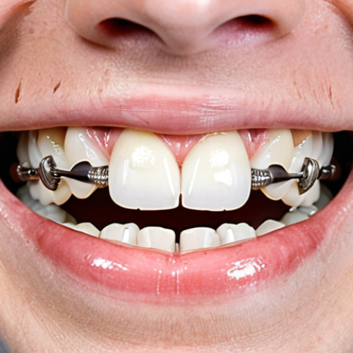 Home 13 **Image Prompt for Fixed Braces:**
"A close-up of a smiling person wearing traditional fixed braces, showcasing the metal brackets and wires. The background should be a dental clinic setting with charts and dental tools visible, conveying a sense of professionalism and care in orthodontics."