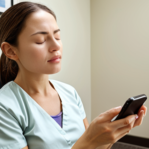 Home 8 **A woman in a dental waiting room, eyes closed, gently practicing deep breathing exercises. Soft, diffused lighting. She is using a meditation app on her phone. A calming, modern dental office in the background.**