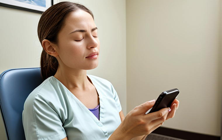 **A woman in a dental waiting room, eyes closed, gently practicing deep breathing exercises. Soft, diffused lighting. She is using a meditation app on her phone. A calming, modern dental office in the background.**