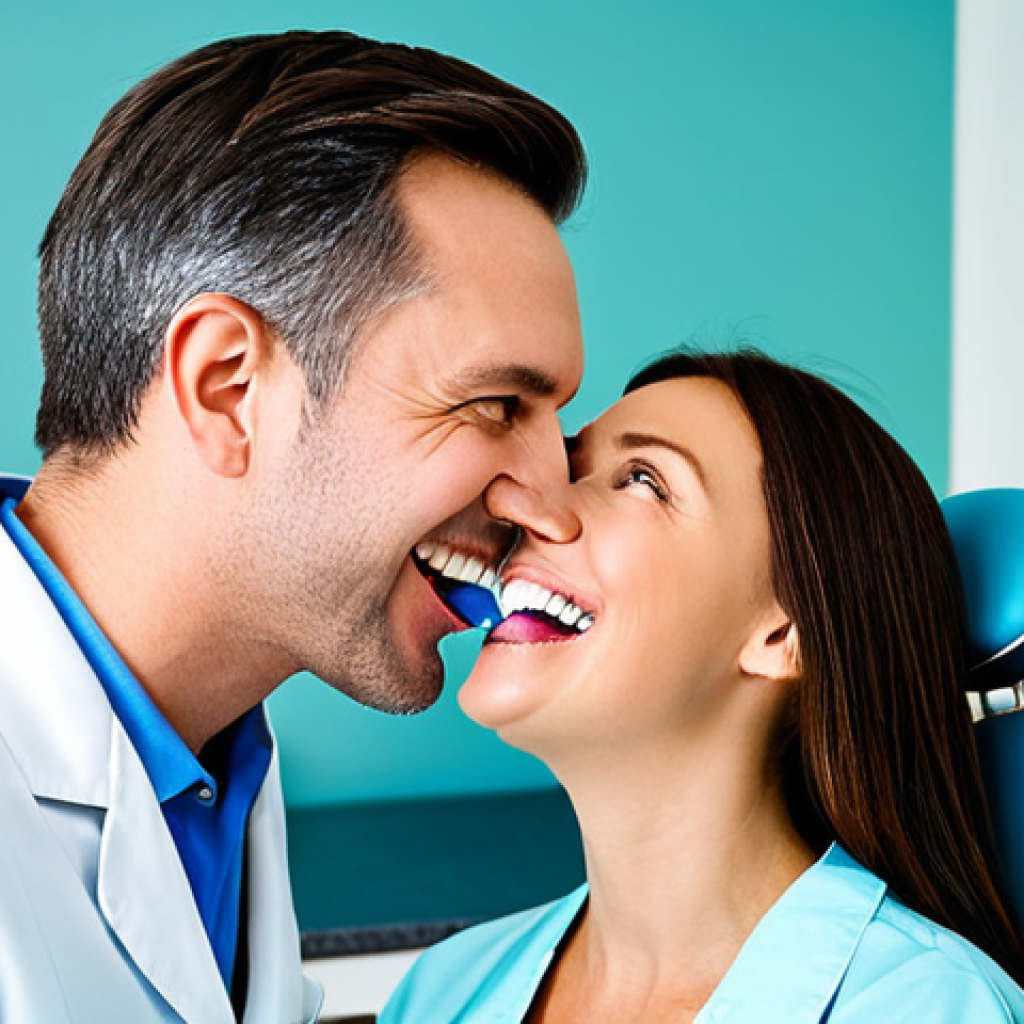 Woman at Dentist Getting Fluoride Treatment**

"A woman in her 30s, wearing a dental bib, is receiving a fluoride treatment from a dentist in a modern dental office, fully clothed, appropriate attire, safe for work, perfect anatomy, correct proportions, natural pose, professional photography, high quality, bright lighting, friendly atmosphere, family-friendly, dentist wearing professional attire, focused on dental health."

**