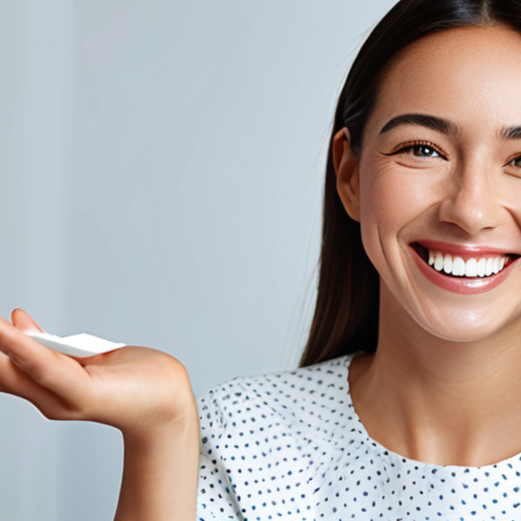 치아 미백 기기 사용법과 효과 비교 - "A woman with a bright, healthy smile, showcasing slightly whiter teeth after using safe at-home ble...