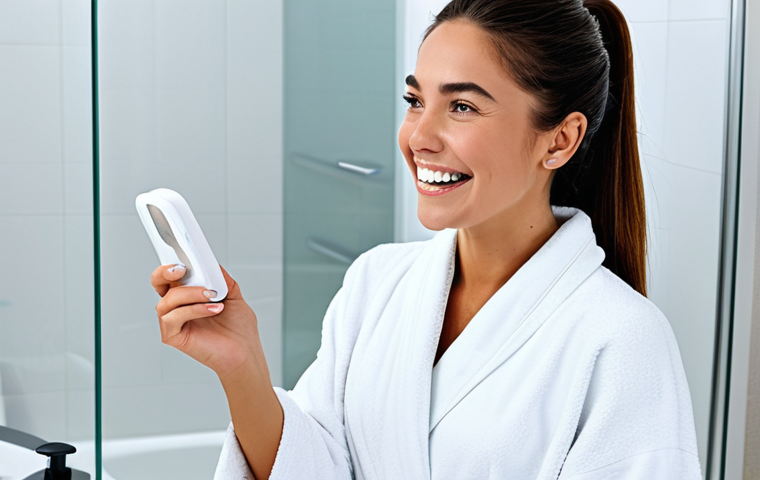 치아 미백 기기 사용법과 효과 비교 - "A woman with a bright, healthy smile, showcasing slightly whiter teeth after using safe at-home ble...