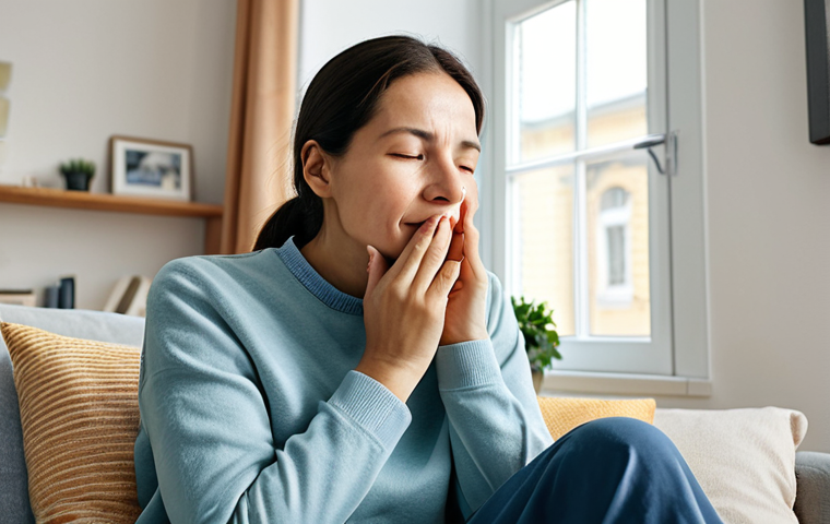 턱관절 장애 예방 운동과 치료법 - Relaxing at Home**

A woman in comfortable, modest clothing is practicing a gentle jaw exercise at h...