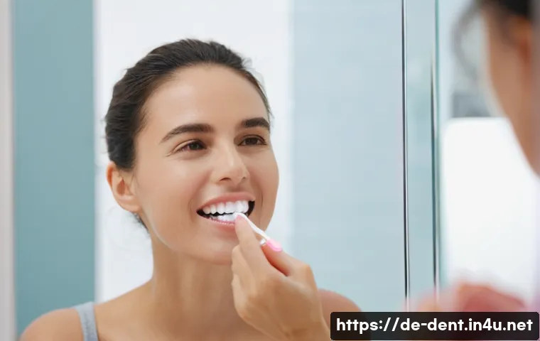 잇몸질환 예방을 위한 칫솔질 방법 - **Prompt:** "A brightly lit, clean bathroom scene featuring a close-up of a person, approximately 30...