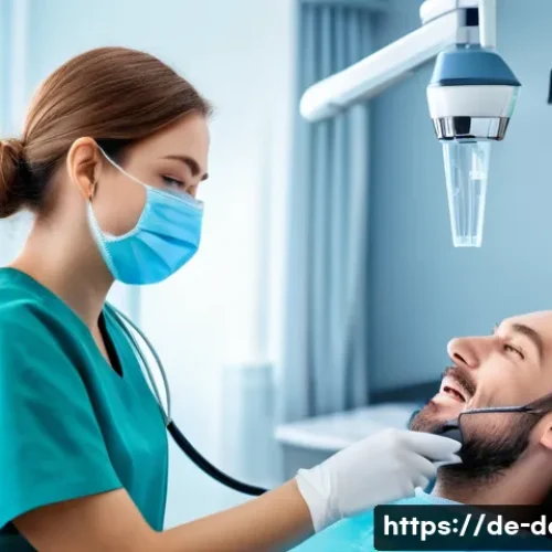 치아 크라운 시술 시 통증 여부 - A modern dental clinic scene showing a calm adult German patient in a dental chair receiving local a...