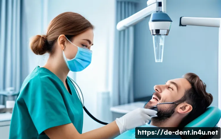 치아 크라운 시술 시 통증 여부 - A modern dental clinic scene showing a calm adult German patient in a dental chair receiving local a...