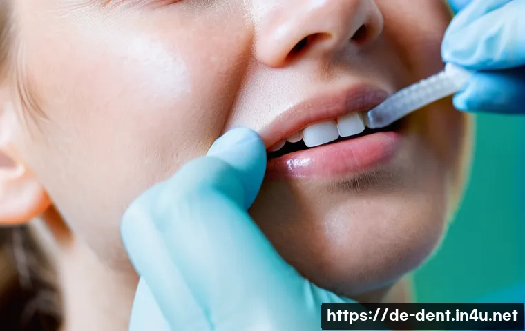 발치 후 출혈 예방을 위한 관리법 - A detailed close-up of a young adult German patient gently pressing a sterile white gauze compress o...
