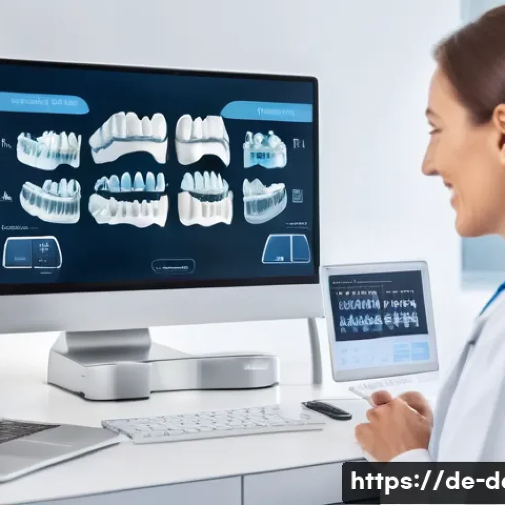 성인 교정과 청소년 교정 비용 비교 - A professional orthodontic clinic in a modern German city setting, showing a middle-aged adult patie...
