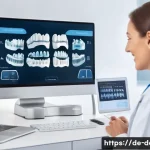 성인 교정과 청소년 교정 비용 비교 - A professional orthodontic clinic in a modern German city setting, showing a middle-aged adult patie...