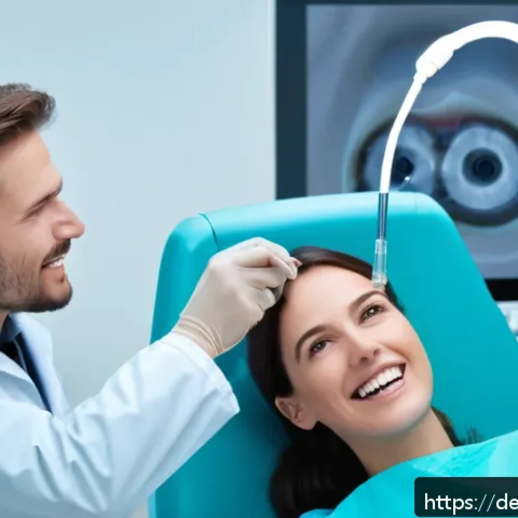 구강 내시경 검사의 필요성 - A high-resolution intraoral endoscopy scene in a modern dental clinic in Germany, showing a dentist ...