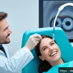 구강 내시경 검사의 필요성 - A high-resolution intraoral endoscopy scene in a modern dental clinic in Germany, showing a dentist ...