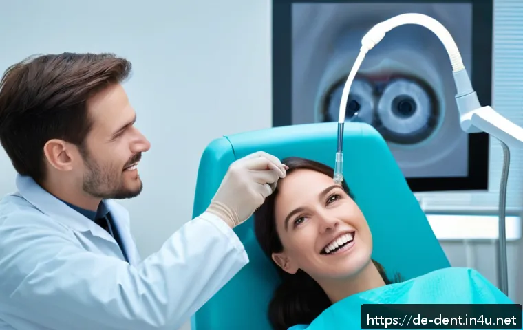 구강 내시경 검사의 필요성 - A high-resolution intraoral endoscopy scene in a modern dental clinic in Germany, showing a dentist ...