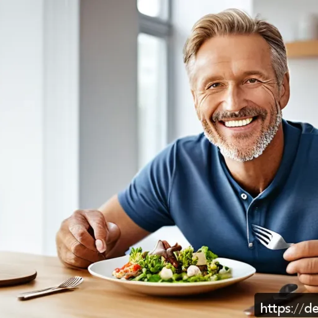 임플란트와 부분 틀니의 차이 - A detailed close-up of a middle-aged German man sitting at a modern dining table, smiling confidentl...