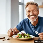 임플란트와 부분 틀니의 차이 - A detailed close-up of a middle-aged German man sitting at a modern dining table, smiling confidentl...