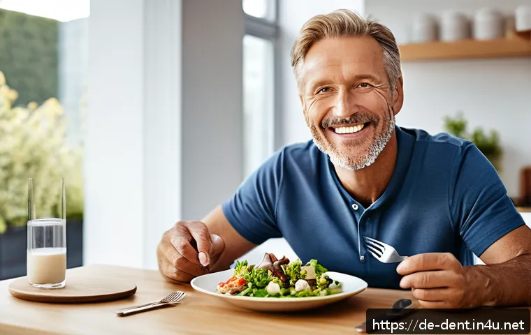 임플란트와 부분 틀니의 차이 - A detailed close-up of a middle-aged German man sitting at a modern dining table, smiling confidentl...