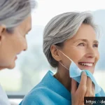 임플란트 시술 후 통증 관리 팁 - A serene and bright dental care setting showing a middle-aged German woman gently applying a cold pa...