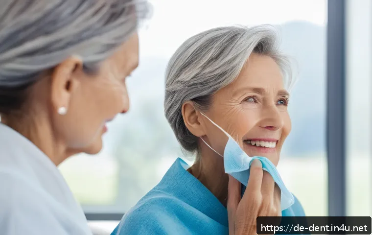 임플란트 시술 후 통증 관리 팁 - A serene and bright dental care setting showing a middle-aged German woman gently applying a cold pa...