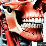 턱관절 장애와 스트레스의 관계 - A detailed anatomical illustration of the human jaw and facial muscles under stress, showing muscle ...