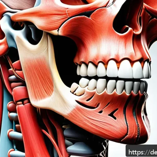 턱관절 장애와 스트레스의 관계 - A detailed anatomical illustration of the human jaw and facial muscles under stress, showing muscle ...