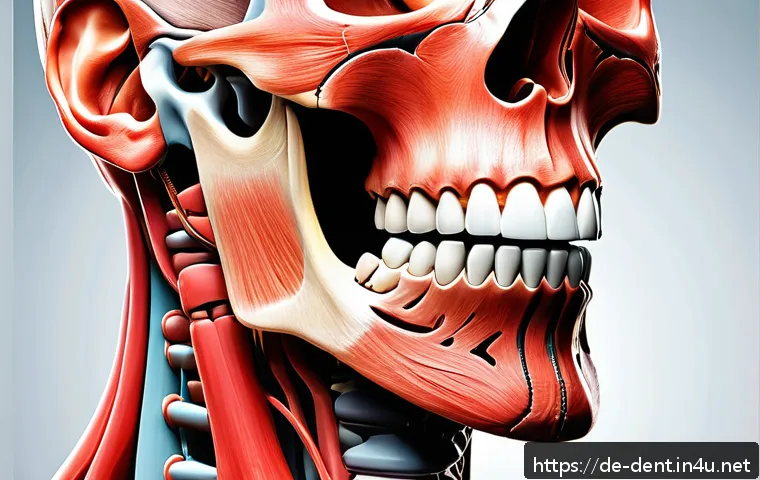 턱관절 장애와 스트레스의 관계 - A detailed anatomical illustration of the human jaw and facial muscles under stress, showing muscle ...