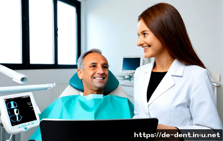 임플란트 수술 전후 관리 방법 - Photorealistic dental implant pre-surgery consultation in a modern German dental clinic, friendly mi...
